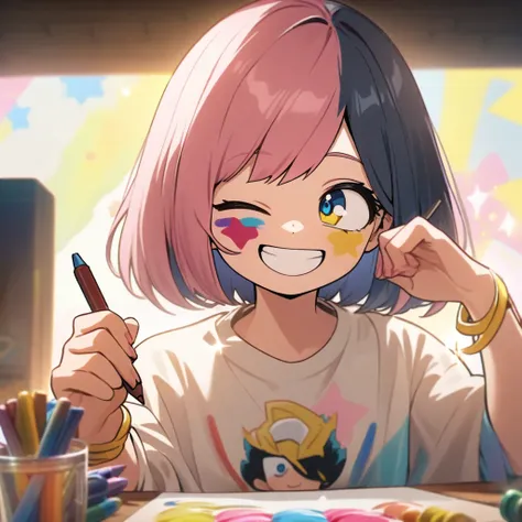 template my hero academia,  Screenshot Boku no hero Academia.  a girl, s,  ,  short hair,  Bangs , Pink hair with yellow highlights, right eye black , left eye blue,  smile, heterochromia, happy, yellow bracelet ,  sitting,  drawing with crayons , Shine,  ...