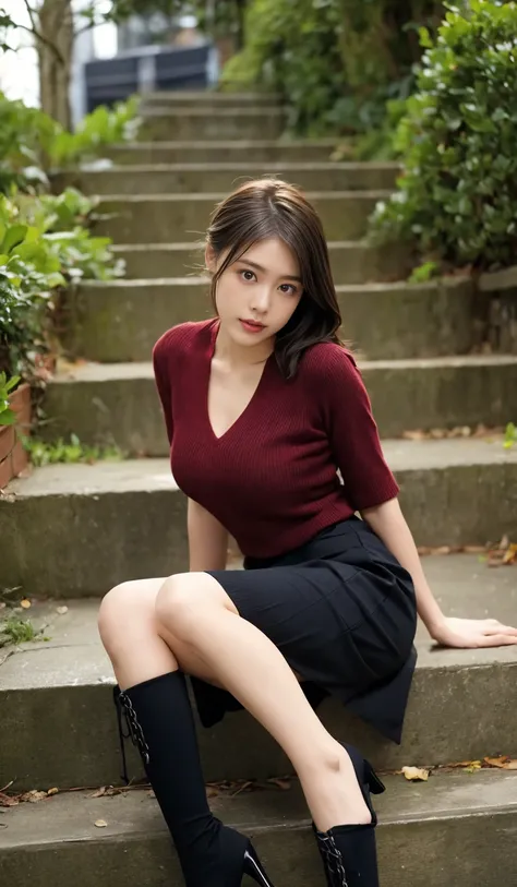  high resolution,  Masterpiece,  top quality,  High Details, top quality,  super high heels,  textured skin, Big Breasts、 tight knit、 mini skirt、 Thin Black Stockings、 short boots、 sitting on the steps、
 beautiful feet