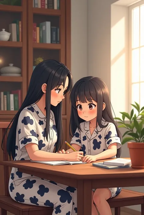  girl with black hair doing homework with her mom ,  The two of them dressed in cow pajamas  , in the mahogany coffee dining room of their house with a white wall 