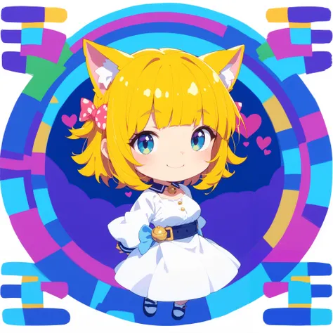 Cat ears、 bob cut blonde hair、 little character、smile、 big breasts、 white dress 、 vivid background 