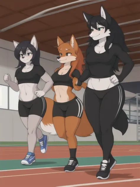 Furry, fox, wolf, girls, female, friends, trio, competition, black shirt, black spandex bike shorts, shoes, indoor running track, competition, full body