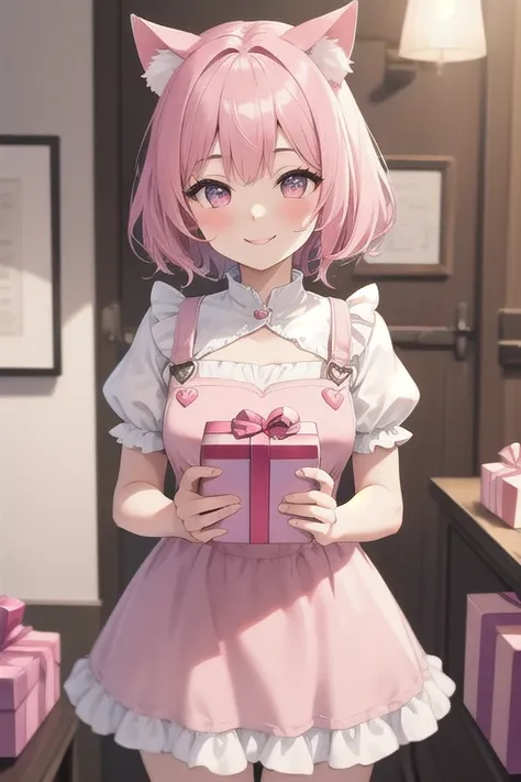 Best quality, high resolution, detailed, beautiful image quality, one girl, cute dress with frills, pale pink dress, pink short hair, cat ears, lolicon feel, smiling face, pink overall and dreamy atmosphere, hearts and gift boxes in the background, white w...