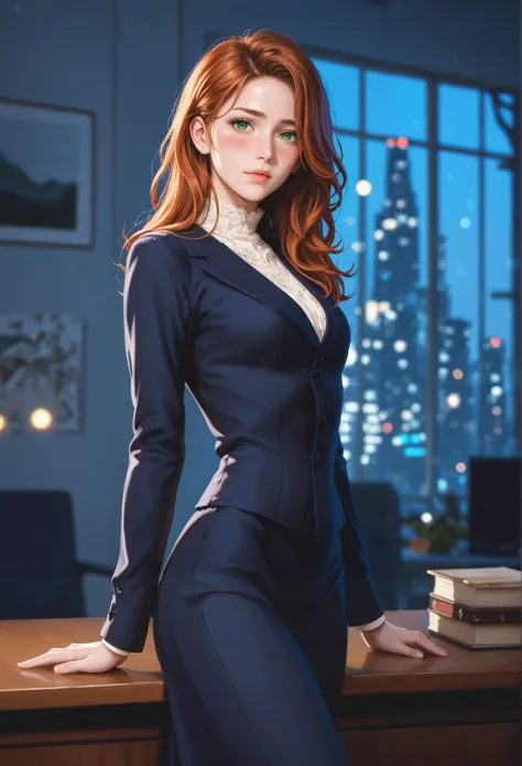 full body image,woman wearing a black dress suit, Her long orange hair is loose around her shoulders ,  falling in soft waves up to your waist.  alone, 1 person, (masterpiece: 1.3), ( Maximum Resolution : 1.2), (highly detailed eyes,  eyes detailed),  well...