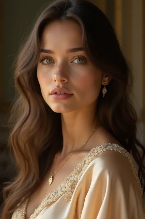  is a beautiful girl with long wavy hair ,  proportional number ,  wearing a delicate silk dress that reveals her awrah,  embodied as an inspiration in Marja , (  best quality ,4K,8k, highres,لوحة فنية amazingة:1.2), ultra-precise details ,(really,photorea...