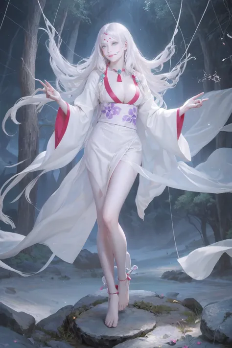 MTSpiderV4, masterpiece, best quality, MTSpiderV4, 1girl, solo, white skin, long hair, breasts, beads, japanese clothes, ((white kimono)), silk, stone, forest, aurora borealis, spider web, standing, perfect body, beautiful body, beautiful legs, 