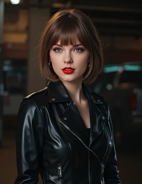 latex jacket, red lip gloss