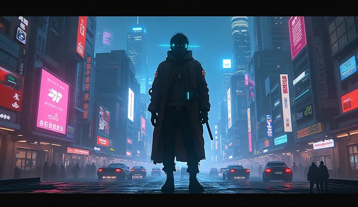 Create a high-resolution digital artwork featuring a cyberpunk-inspired silhouette set against the backdrop of a futuristic cityscape. The city should be illuminated with an array of neon lights, towering skyscrapers, and dynamic digital billboards, captur...