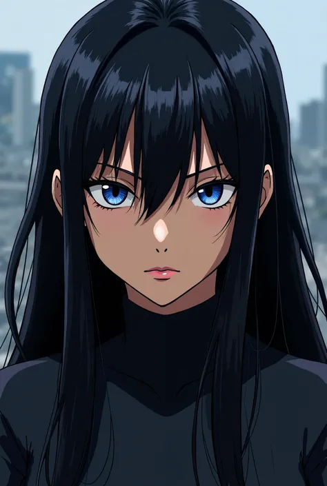 A dark-haired woman long , Brown skin, serrated blue eyes like sapphires with a serious anime-style look, Without being 3D 

