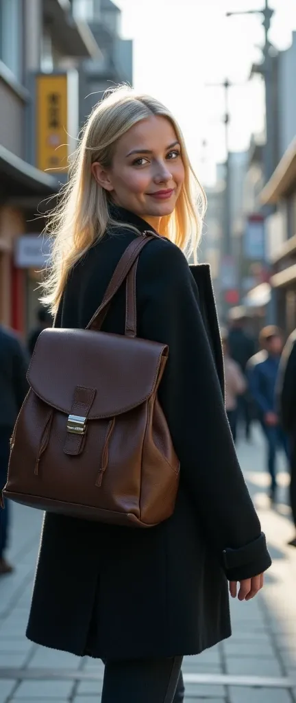 The most beautiful Scandinavian woman in the world is walking through town with a traditional Japanese school bag on her back.
She has a sophisticated beauty,
but the unexpected item of the school bag creates a unique contrast.
The backdrop of the town is ...