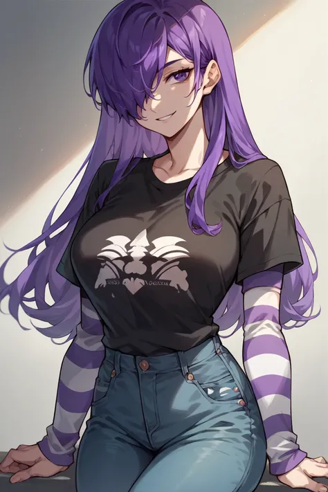 1 girl, solo, black short sleeve t-shirt, layered sleeves, white long sleeves, jeans, defShez,purple hair, purple eyes, hair over one eye, black t-shirt over white long sleeves, confident smile, large breasts, striped sleeves