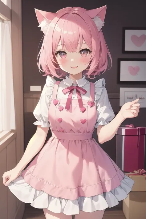 Top quality, high resolution, detailed, beautiful image quality, one girl, cute dress with frills, pale pink dress, pink short hair, cat ears, lolicon feel, smiling face, pink overall and dreamy atmosphere, hearts and gift boxes in the background, white an...