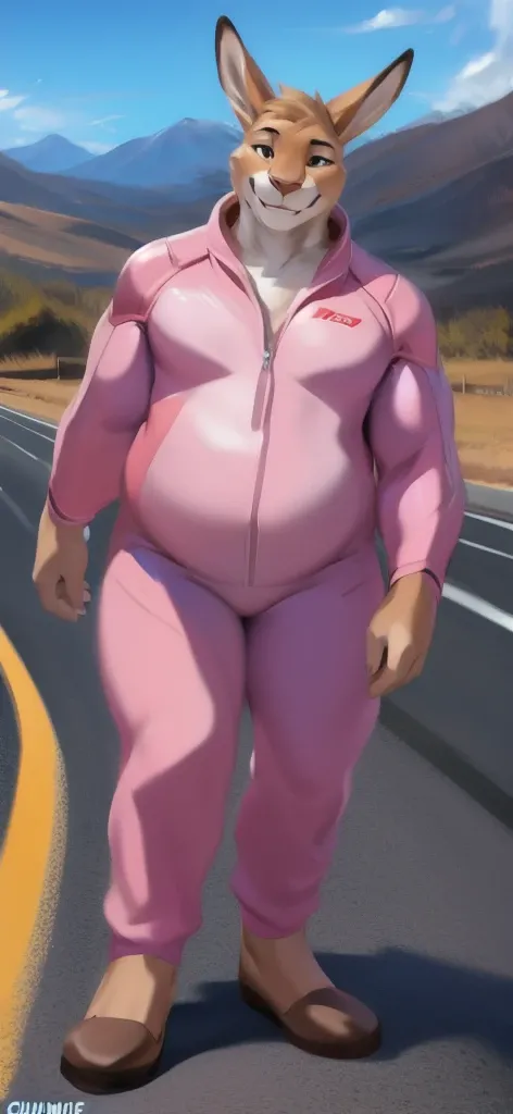   alone,  female​ Tall​ , big body, stand, road, kangaroo female​,  pink military spacesuit ,  Overweight,   Muscle  , Smile Happy  ,by chunie  