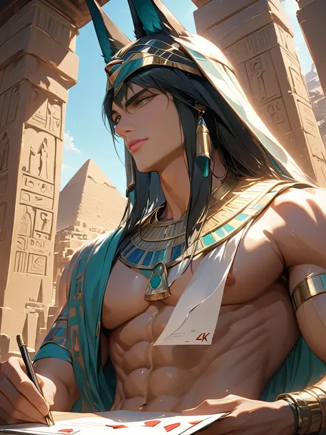 Anubis, Black hair,  alone, yellow-green eyes, (detalhes realistic dos olhos 1.2), portrait, Ancient Egypt background, with Hirogriflos written on the wall,  athletic body , pectoral, biceps ,  ultra detailed face ,  depth of field,  raised details ,  high...