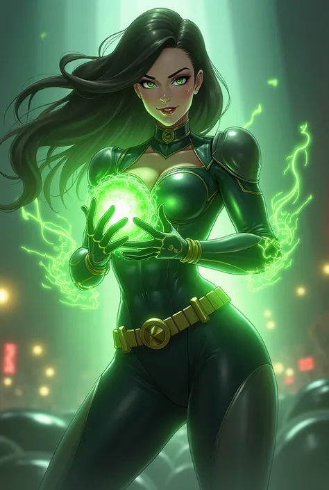 ,(standing on the stage),looking at viewer,1girl,blurry background,bare hands,1girl,
superhero suit,armor,breasts,, body suit  , anime , holding  green fire ball  both hands and   green  fire  ball  surround  her , belt  ,shoulder pads,  evil  smile , ligh...