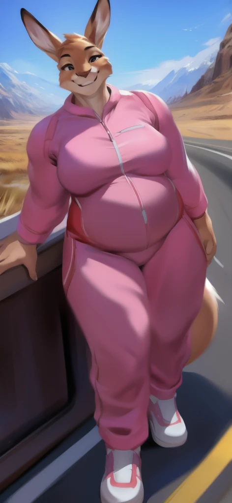   alone,  female​ Tall​ , big body, stand, road, kangaroo female​,  pink military spacesuit ,  Overweight,   Muscle  , Smile Happy  ,by chunie  