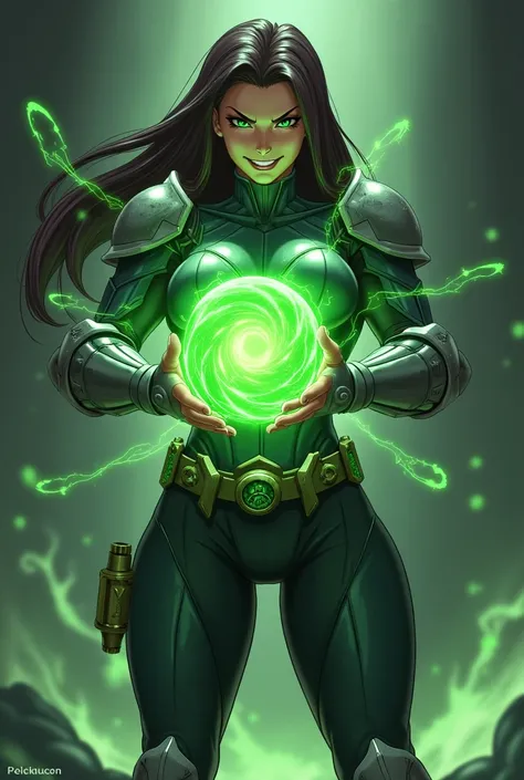 ,(standing on the stage),looking at viewer,1girl,blurry background,bare hands,1girl,
superhero suit,armor,breasts,, body suit  , anime , holding  green fire ball  both hands and   green  fire  ball  surround  her , belt  ,shoulder pads,  evil  smile , ligh...