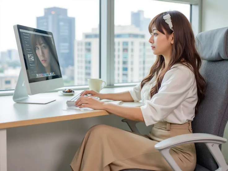 A woman in her 20s working at an office in Tokyo with a serious expression using a PC、I'm sitting on a chair and looking at the computer display、Keep your long hair together with hair clips、Wear a white blouse with ruffles、I'm wearing a tight beige long sk...