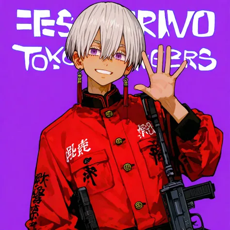 {{One boy,  alone, Izana Kurokawa /  Tokyo Manji Revengers、_Kurokawa,  gray hair,     dark skin、 purple eyes  ,   short hair, ,   earrings, tassel   earrings, Symmetric,    waving,   half-open, smile, , Red Uniform、  purple background  、  simple background...