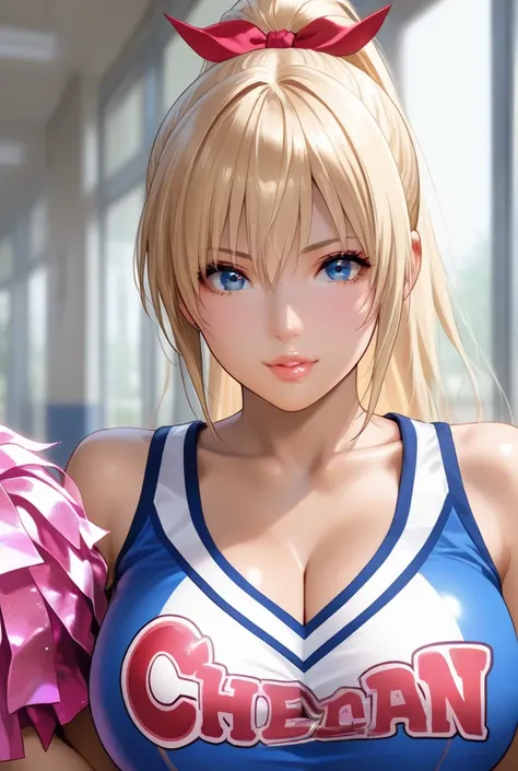 cheerleader,yukino \(doa\),blonde hair,blue eyes,lips,large breasts,high ponytail,gyaru,