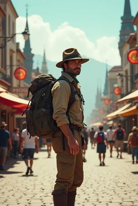 a man with a travel backpack, And a travel outfit, with a scout hat, And it is in a touristic place