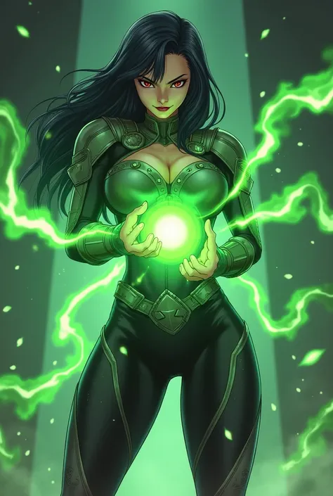 ,(standing on the stage),looking at viewer,1girl,blurry background,bare hands,1girl,
superhero suit,armor,breasts,, body suit  , anime , holding  green fire ball  both hands and   green  fire  ball  surround  her , belt  ,shoulder pads,  evil  smile , ligh...