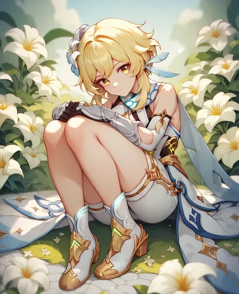 lumine from genshin impact. short blonde hair, yellow eyes, 2 white flowers on her head, something like long white gloves on her hands, long white shoes with yellow details (shoes that will be knee-length) white shorts under the dress