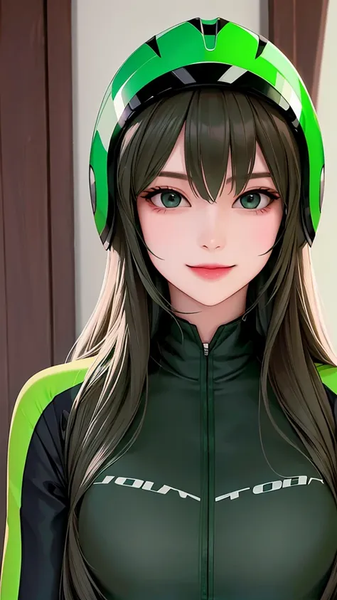 woman is smile, long hair brown, helmet normal, she is solo, from alternative world ,best quality, realistic, cycling full green black color suit and cycling sports shorts, she is stand , makeup face