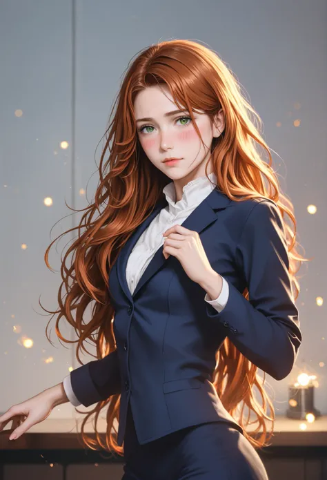 full body image,woman wearing a black dress suit, Her long orange hair is loose around her shoulders ,  falling in soft waves up to your waist,  alone, 1 person, (masterpiece: 1.3), ( Maximum Resolution : 1.2), (highly detailed eyes,  eyes detailed),  well...