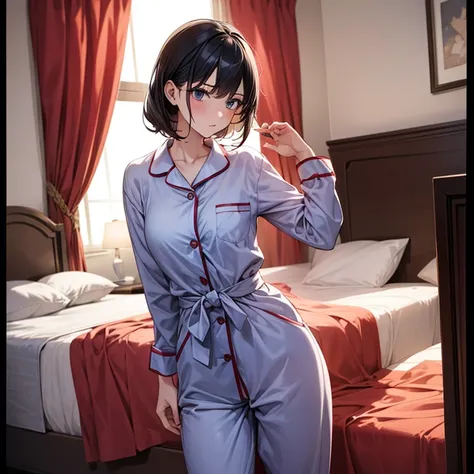 1_girl, solo, playful woman wearing sexy pajamas, in the bedroom, making eye contact, standing tall with both hands placed firmly on her waist, elbows slightly bent to frame her torso. One leg is extended outward, toes pointed or resting lightly on the gro...