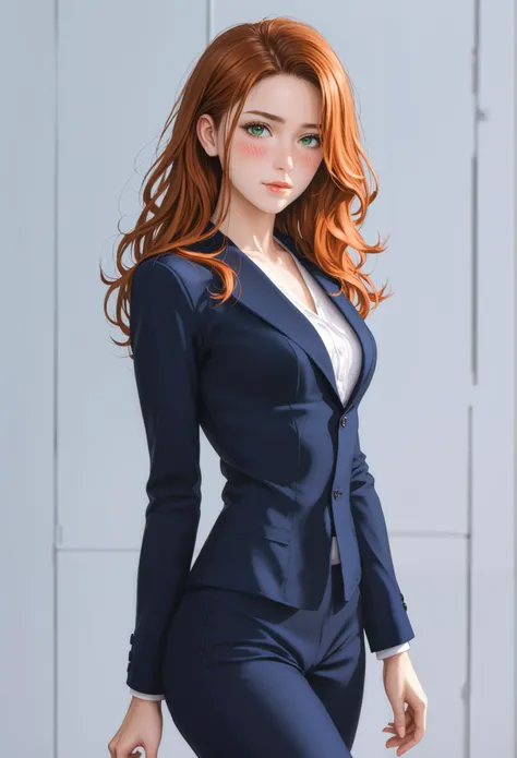 full body image,woman wearing a black dress suit, Her long orange hair is loose around her shoulders ,  falling in soft waves up to your waist,  alone, 1 person, (masterpiece: 1.3), ( Maximum Resolution : 1.2), (highly detailed eyes,  eyes detailed),  well...