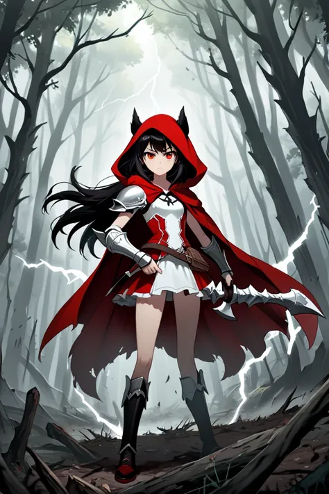  top quality,   ultra high resolution, anime style,(( girl)), battle axe that wears lightning、 semi-long black hair, brown eyes, Little Red Riding Hood,A costume that looks like a white and red armor、Desolate Forest 