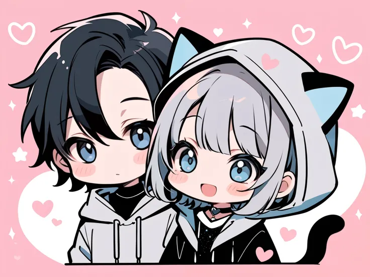   lovers 1 male and 1 female 、 super cute with a hood and oversized hoodie  ,      black hair,   short hair,     blue eyes ,    chibi ,   line art  ,    pastel  ,  My Makeup   ,  handsome ,   upper body,  face up ,  icon,Hold the gray cat
smile,  open your...