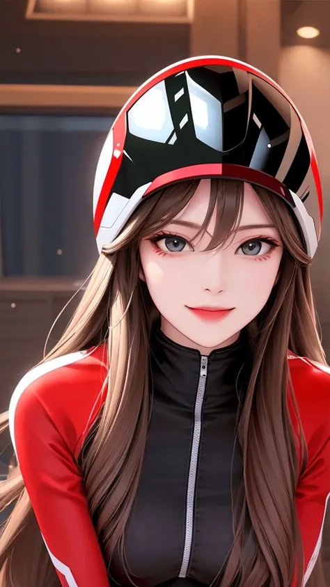 woman is smile, long hair brown, helmet normal, she is solo, from alternative world ,best quality, realistic, cycling full red black color suit and cycling sports shorts, she is stand , makeup face