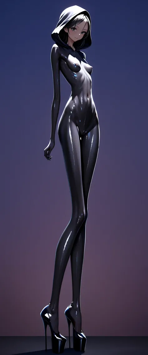 high, tall very thin, skinny narrow girl., in black body paint and with a hood. naked , oily, highly shiny body on a very dark night, little lighting at dusk, dark. on high heel platform, beautyful body