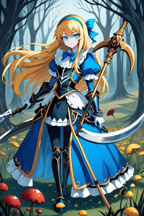  top quality,   ultra high resolution, anime style、(( girl)),I have a scythe that the big grim reaper has、 Long Golden Hair, blue eyes, Alice in Wonderland、A costume that looks like a blue and white armor、 blue headband