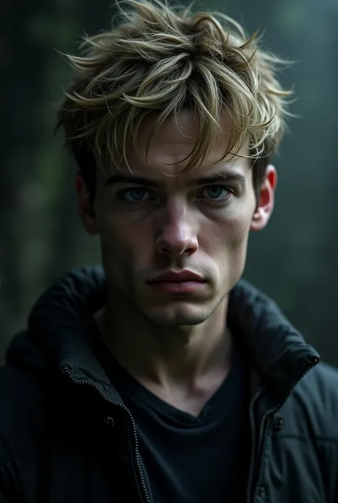 man,  medium long hair , blonde, without cheek, marked jaw, Hunter eyes,  dark scenario,Young,  without facial hair, hair on face, thin,  white skin.