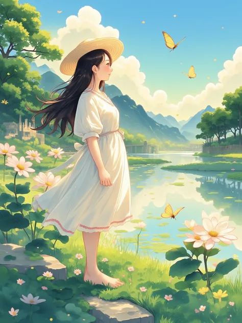 Summer Coolness, Serene Atmosphere, Harmony Between Humans and Nature, AI Art, Illustration Style, Inspired by Renowned Illustrators (Reference: Makoto Shinkai, Hayao Miyazaki, Yoneyama Mai), Fresh and Healing, Soft Colors, Interplay of Light and Shadow, N...