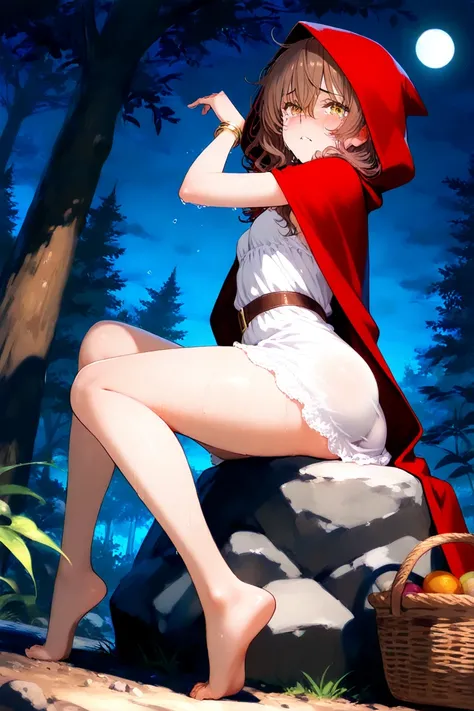 in the middle of the forest, night, \(1girl, solo, petite body, small breasts, long brown hair, wavy hair, hair between the eyes, messy hair, white nightgown, red hooded cape, sharp eyes, bangles, belt, yellow eyes, barefoot\), \ ((dynamic pose: 1.3)), bas...