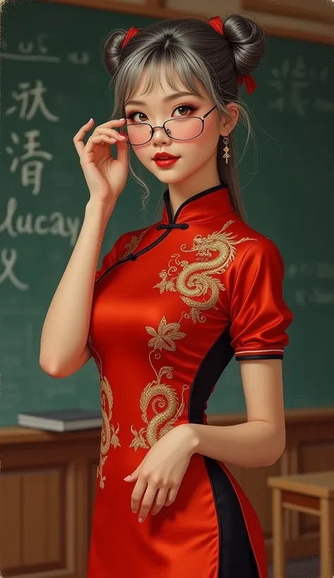 the proportions and detailed textures multicolored brushwork and softened with airbrush, semi-realism ink china illustration A sexy young teacher is shown (full body and in high quality, bold pose, perfect face, innocent look (bright emerald eyes) full lip...