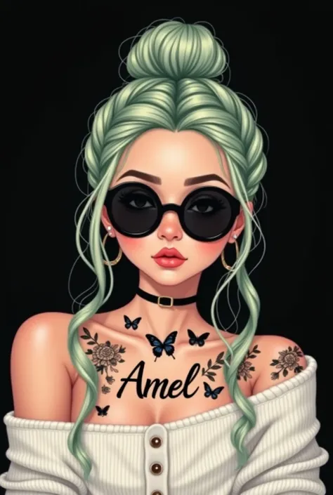 buat kan gambar : "A stylish young woman with braided pastel-colored hair tied in a bun, featuring soft green highlights. She wears black round sunglasses and a cozy off-shoulder white sweater. Her skin is decorated with elegant black tattoos, including bu...