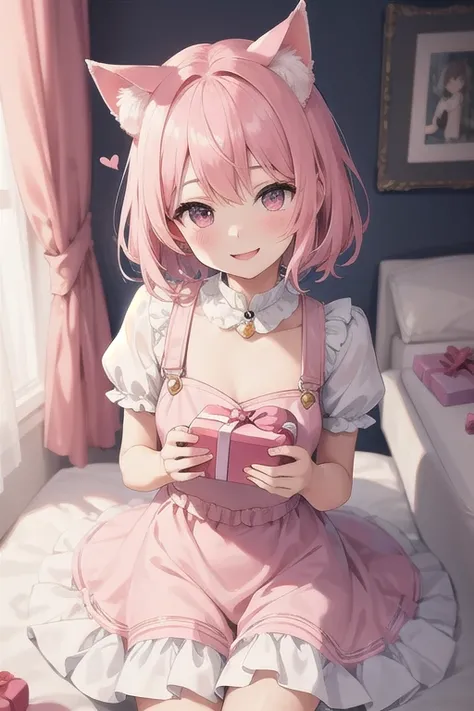 Best quality, high resolution, detailed, beautiful image quality, one girl, cute dress with frills, pale pink dress, pink short hair, cat ears, lolicon feel, smiling face, pink overall and dreamy atmosphere, hearts and gift boxes in the background, white w...