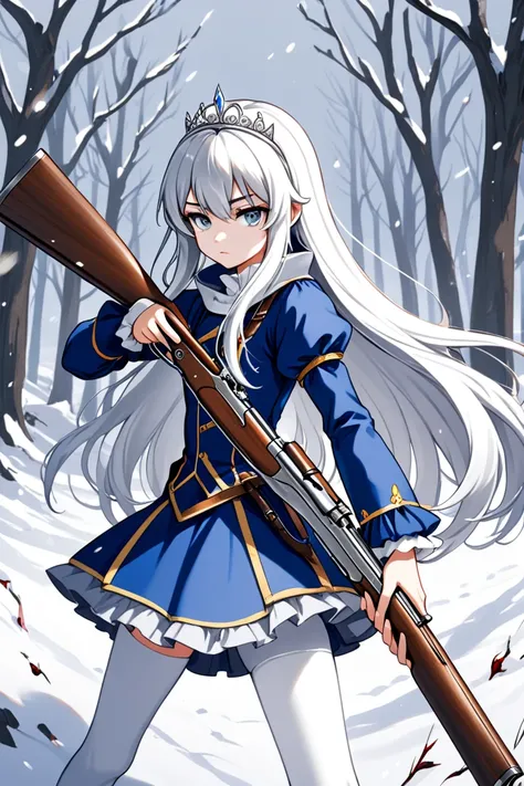  top quality,   ultra high resolution, anime style、(( girl))、 holds a musket,Long silver hair, grey eyes、snow white、 tiara 、