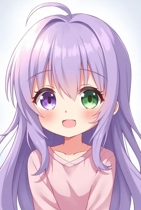 An anime-style Chibi girl with long lilac hair with bangs her eyes one is green and the other is purple,  Her facial expression is one of happiness  