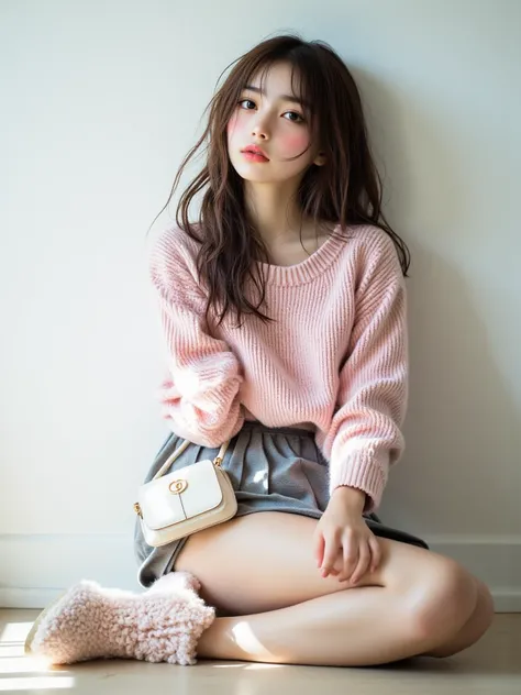 8k,  Masterpiece,  Top Quality,  surrealism ,  beautiful Korean women, High angle,   Three-Quarter View  , Young woman,  long brown hair ,   Light Pink Spiral Knit Top,  Gray short skirt ,  Light Pink Fleece Lined Boots , White Camera Small Bag ,   soft li...