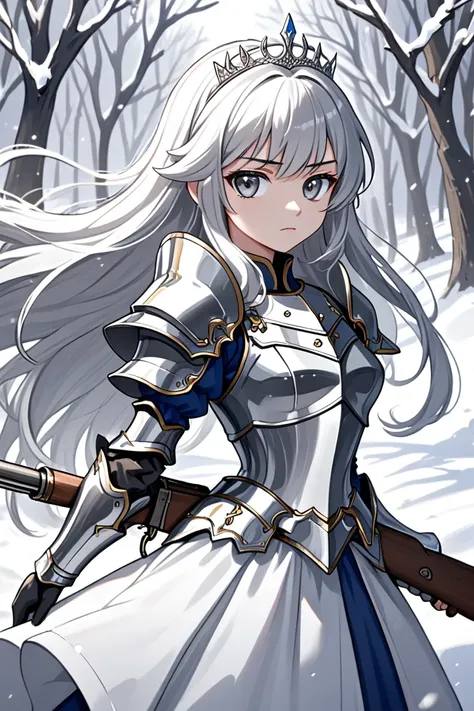  top quality,   ultra high resolution, anime style、(( girl))、 holds a musket,Long silver hair, grey eyes、snow white、 tiara 、A dress that looks like armor