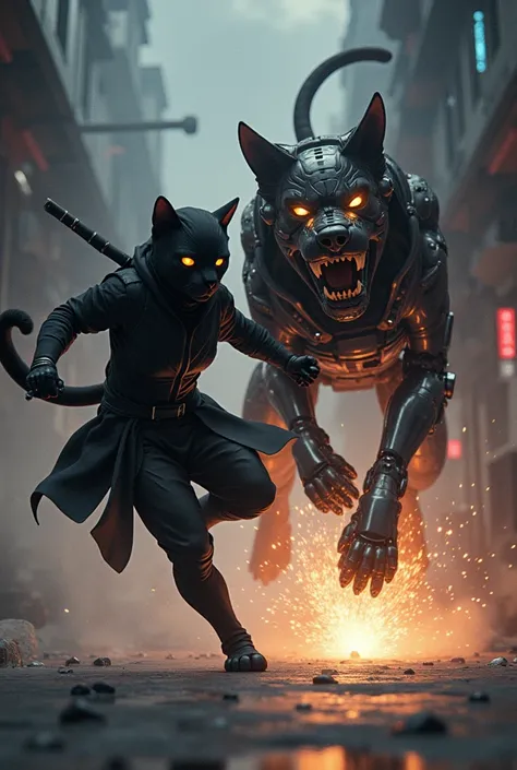 A ninja cat fighting a mechanical dog