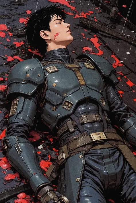  handsome guy,  about twenty-five , Asian man with short black hair and closed eyes,  in dark gray form with high-tech armor elements, with a sword, lying wounded,on black, wet ground, rain,  dark tones , red paint underneath