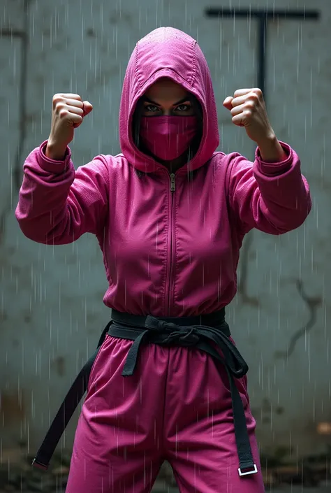 I want you to make me the image of a female ninja in a pink uniform with her face covered in combat position with her fists raised in front of a wall in a pouring rain drenching her