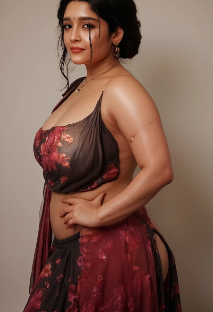 a hot indian actress, 1girl,(full body, front view slightly right turned), beautiful detailed eyes, beautiful detailed lips, extremely detailed eyes and face, longeyelashes, red and black transparent saree and no blouse, sexy reaction, thick body, (best qu...