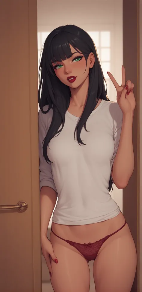 KJoariaMom ,  black hair,  green eyes, ,  red lipstick,  long hair,: At the door of brother   ,    dressed only in panties and shirt.   gesture in front of me . Invitation to have sex .